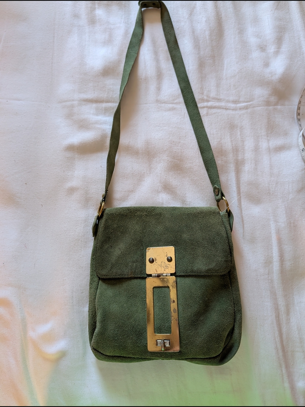 Vintage Olive Green Suede Shoulder Bag with Gold Hardware